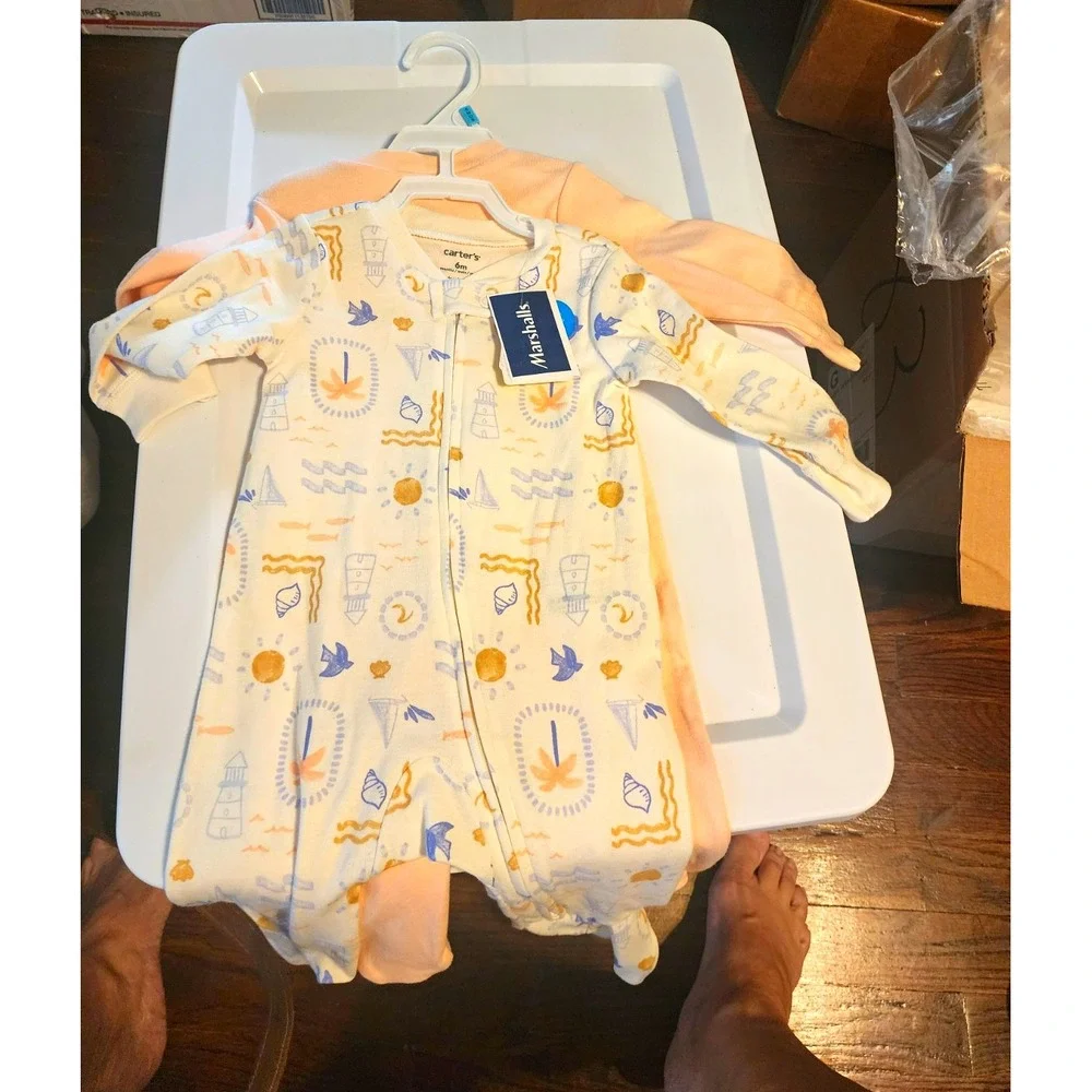 Carter's 2-Pack Baby Footed Zip Sleepers 6M Peach White Beach Cotton Long Sleeve